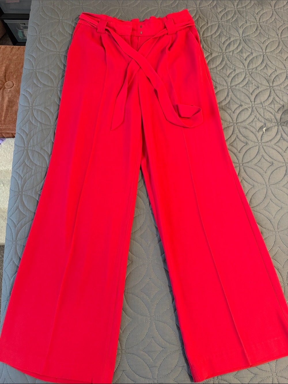 Express Wide Leg High-Rise Pants in Bright Red with Self-Tie Belt